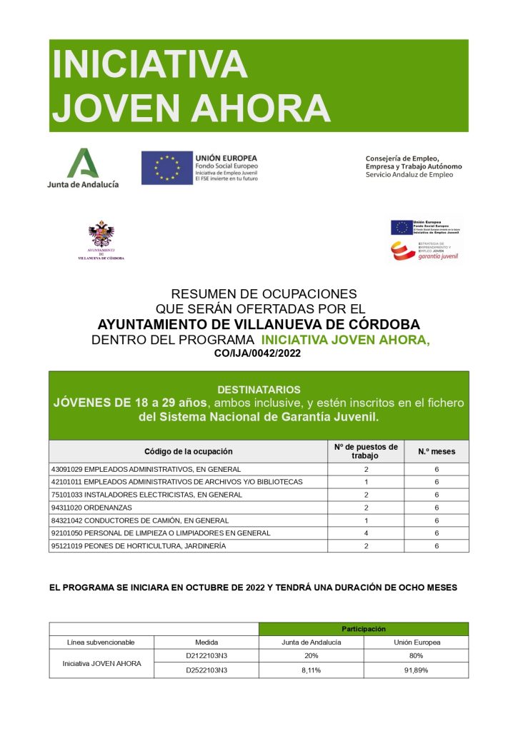 Ocupaciones a ofertar por el Ayuntamiento de Villanueva de Córdoba para jóvenes de entre 18 y 29 años inscritos en el fichero del Sistema Nacional de Garantía Juvenil.