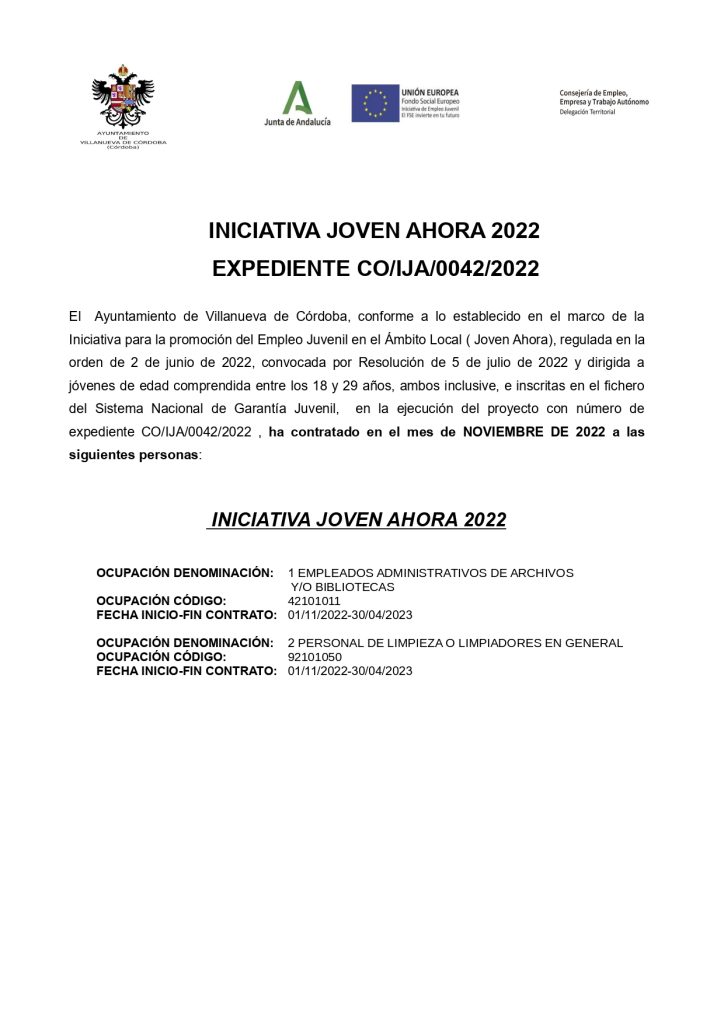 Contratos realizados en el mes de noviembre de 2022 dentro de la iniciativa Joven Ahora 2022 - CO/IJA/0042/2022.